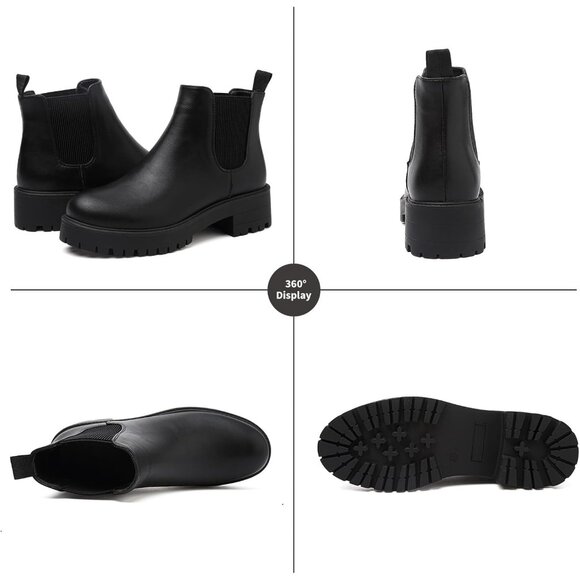 Girls Black Pull-On Fall Chelsea Boots Water-Resistant PU Ankle Heel Boots - Picture 4 of 7